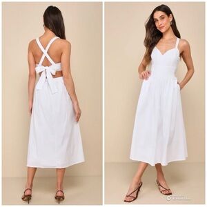 Lulus Small Strolling Sicily White Pleated Backless Midi Dress With Pockets NWOT